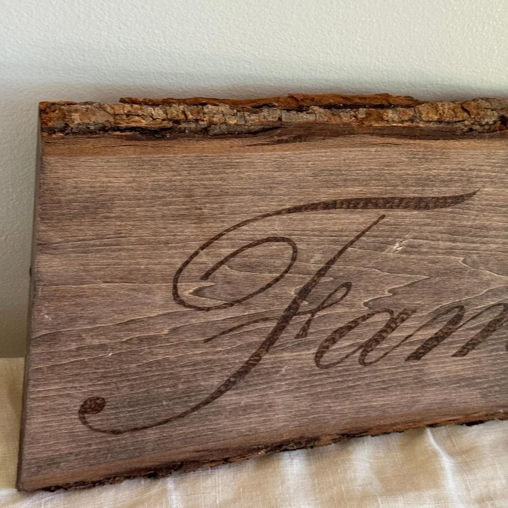 Handmade Live Edge Wood Burned Family Sign Rustic Wall Decor Plaque Cabin Core